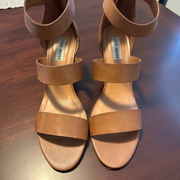 Steve Madden Cognac Leather Wedge Strappy Sandals - Picture 2 of 4